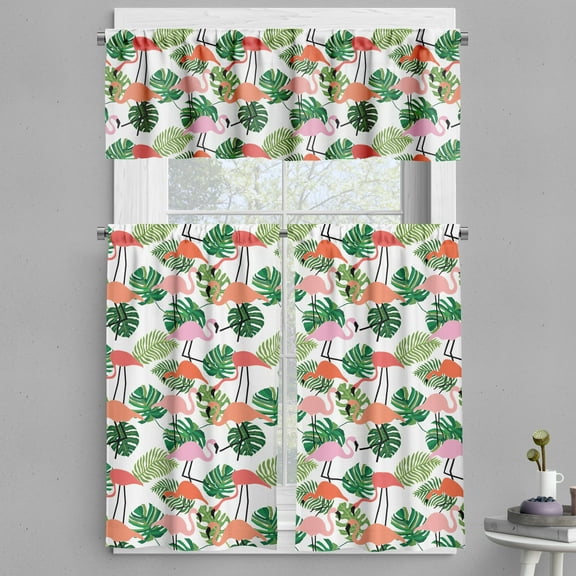 Ambesonne Tropical Valance & Curtain, Hipster Flamingo Monstera, 55"x30", Salmon Pink