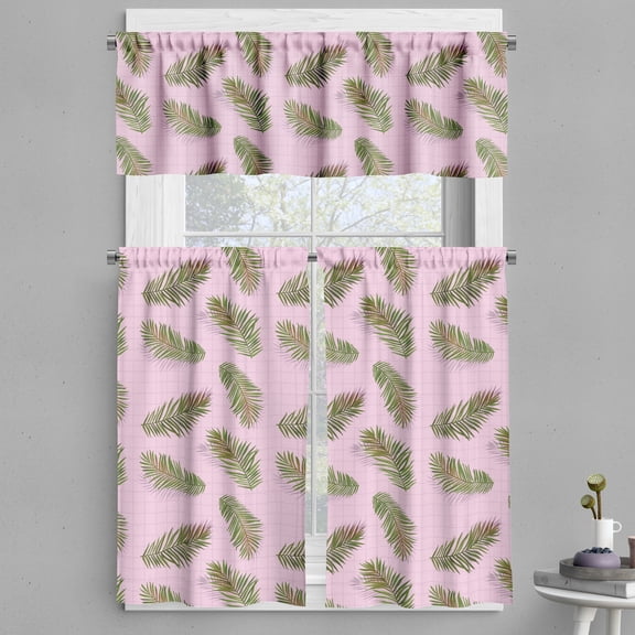 Ambesonne Tropical Valance & Curtain, Leaves on Checkered Back, 55"x24", Soft Pink and Slate Brown