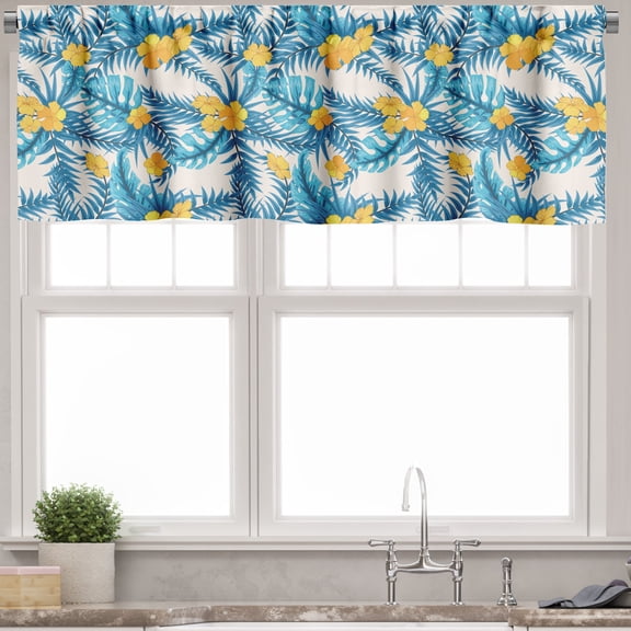 Ambesonne Tropical Valance Pack of 2, Exotic Leaves and Flowers, 54"X12", Blue Yellow Ivory
