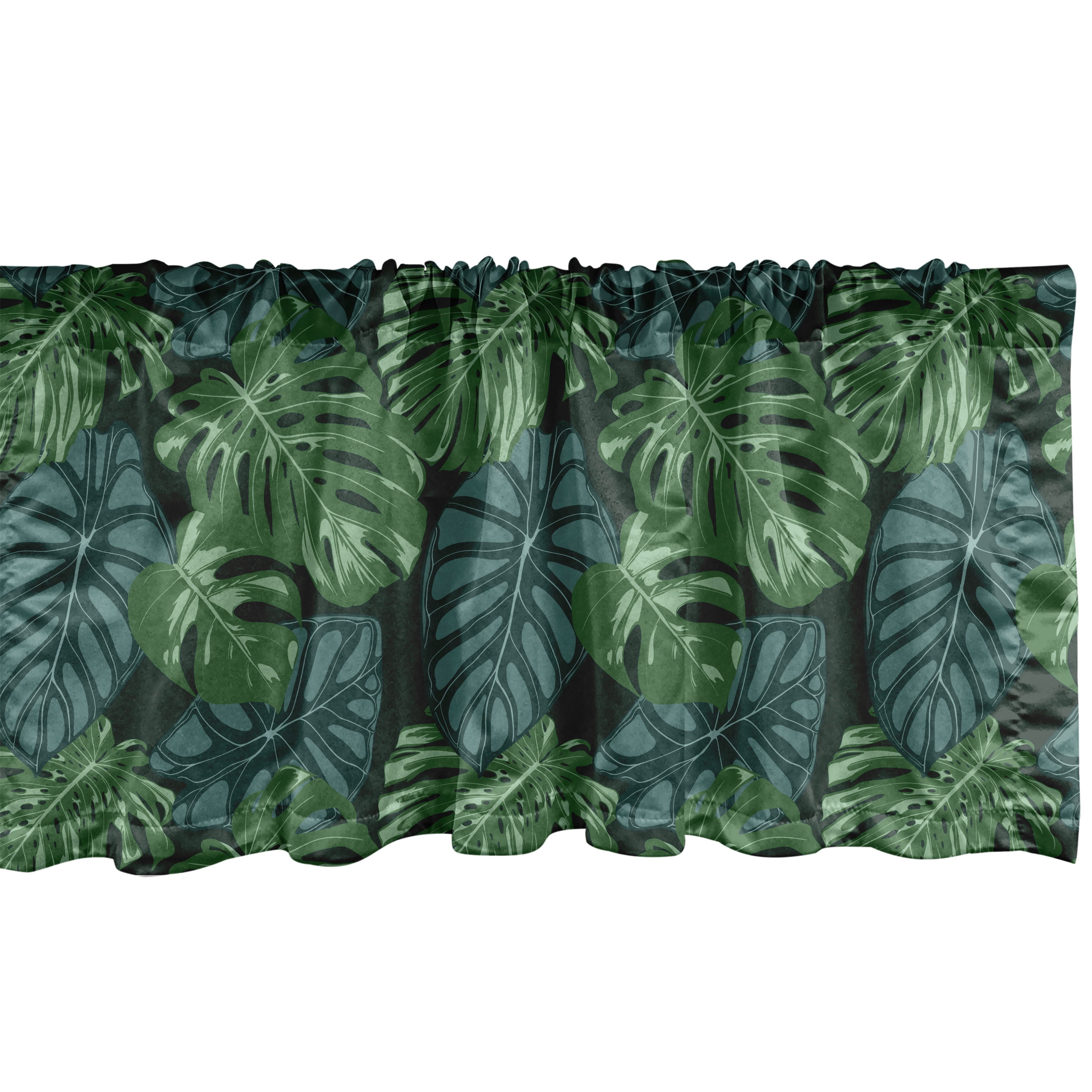 Tropical Palm Leaf Satin Valance Set in Dark Green Multicolor