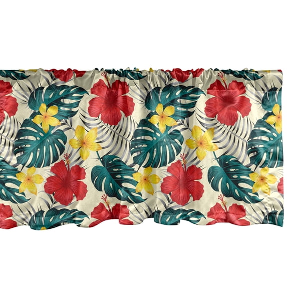 Ambesonne Tropical Valance Pack of 2, Monstera Hibiscus Plumeria, 54"X18", Dark Pink Yellow and Teal