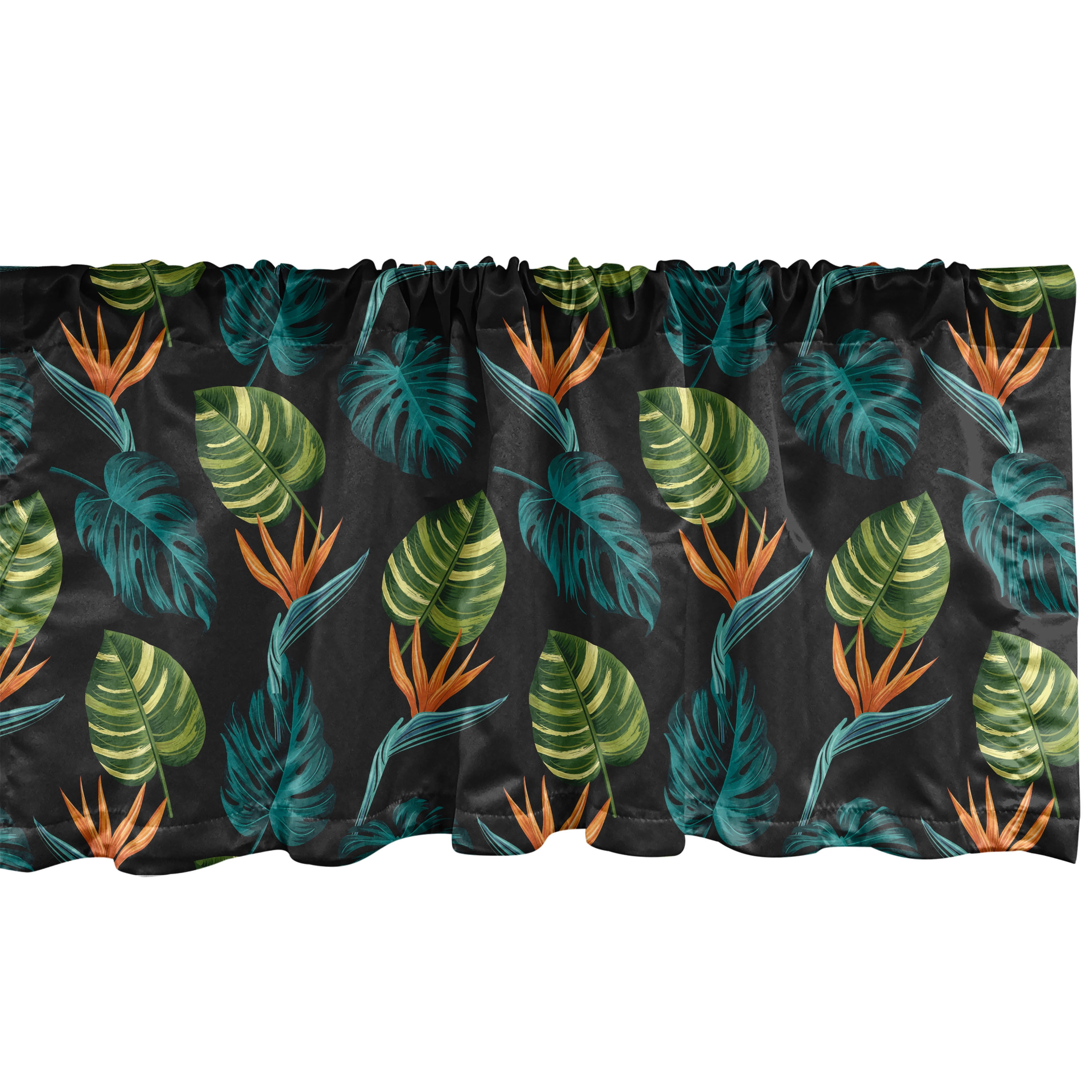 Tropical Palm Leaf Satin Valance Set in Dark Green Multicolor