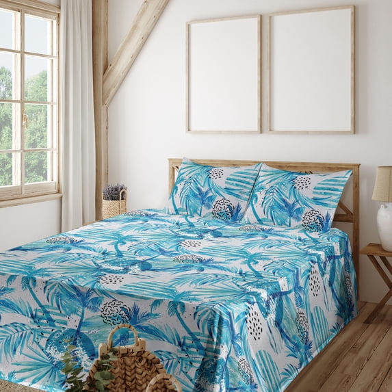 Ambesonne Tropical Vibe Fitted & Flat Sheet with Shams 4 Pcs Set, Exotics Palm Abstract, Queen, Sea Blue Off White Aqua