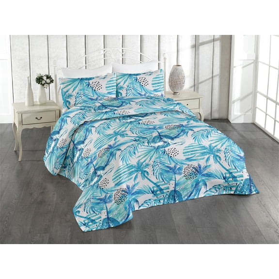 Ambesonne Tropical Vibe Quilted Bedspread Set 3 Pcs, Exotics Palm Abstract, Twin, Sea Blue Off White Aqua
