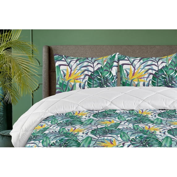 Ambesonne Tropical Vibes Down Alternative Quilt Comforter, Hawaii Aura Monstera, Twin, Mustard Fern Green Indigo
