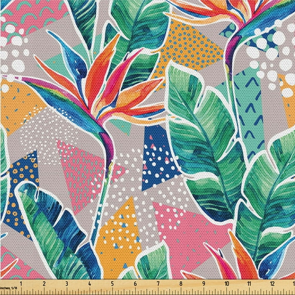 Ambesonne Tropical Vibes Fabric by the Yard Upholstery, Memphis Monstera Art, 10 Yards, Fern Green Pastel Pink