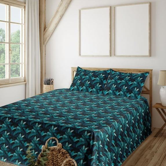 Ambesonne Tropical Vibes Fitted & Flat Sheet with Shams 4 Pcs Set, Exotic Forest Night, Calking, Dark Lavender Cadet Blue