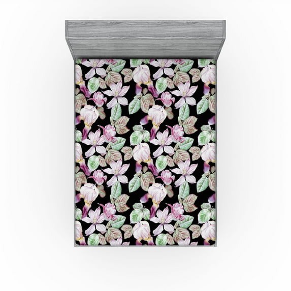 Ambesonne Tropical Vibes Fitted Sheet, Clematis Tulip Art, California King, Pale Lilac Fern Green