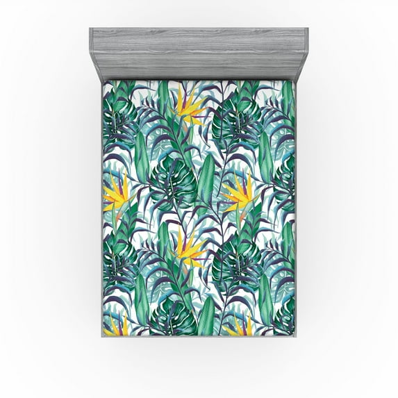 Ambesonne Tropical Vibes Fitted Sheet, Hawaii Aura Monstera, California King, Mustard Fern Green Indigo