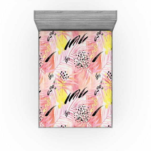 Ambesonne Tropical Vibes Fitted Sheet, Soft Colors Palm Art, Full Size, Pale Pink Yellow Coral