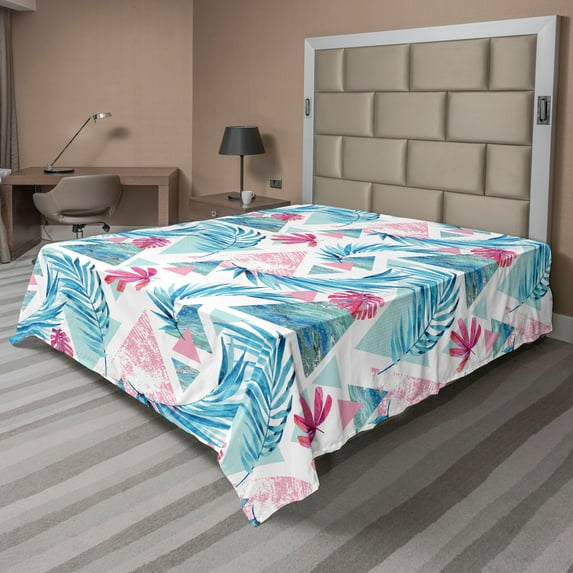 Ambesonne Tropical Vibes Flat Bedding Sheet Soft Top Sheet, Triangle Exotic Art, King, Pastel Pink Almond Green