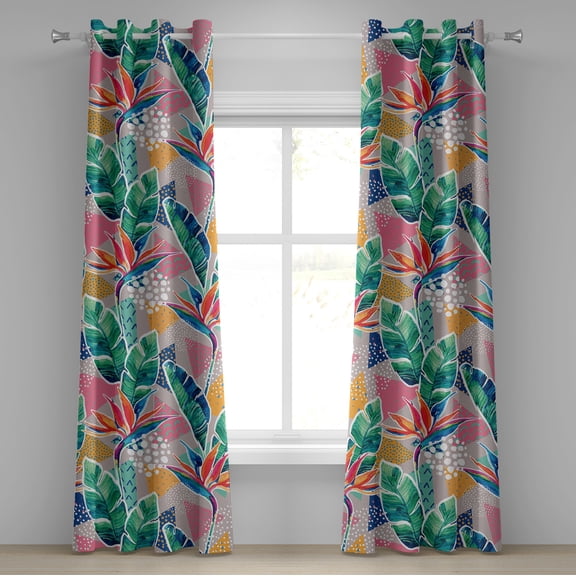 Ambesonne Tropical Vibes Grommet Curtain, Memphis Monstera Art, 50"x84", Fern Green Pastel Pink