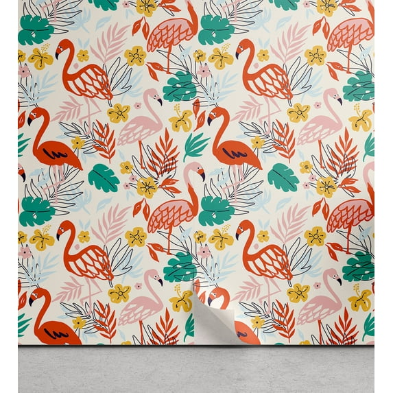 Ambesonne Tropical Vibes Peel & Stick Wallpaper for Home, Exotics Flamingo Art, 13"x36", Dark Pink Jade Green