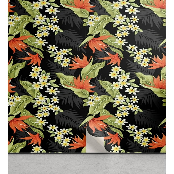Ambesonne Tropical Vibes Peel & Stick Wallpaper for Home, Leafy Flowers Daisy, 13"x36", Pistachio Green Vermilion