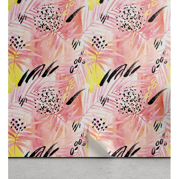Ambesonne Tropical Vibes Peel & Stick Wallpaper for Home, Soft Colors Palm Art, 13"x36", Pale Pink Yellow Coral