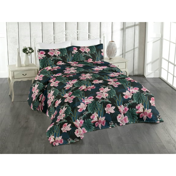 Ambesonne Tropical Vibes Quilted Bedspread Set 3 Pcs, Dreamy Dark Jungle, King, Pale Pink Hunter Green