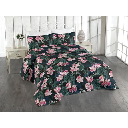 Ambesonne Tropical Vibes Quilted Bedspread Set 3 Pcs, Dreamy Dark Jungle, Queen, Pale Pink Hunter Green