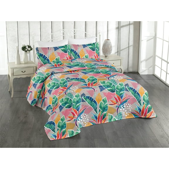 Ambesonne Tropical Vibes Quilted Bedspread Set 3 Pcs, Memphis Monstera Art, King, Fern Green Pastel Pink