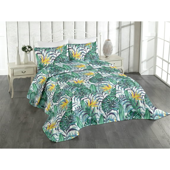 Ambesonne Tropical Vibes Quilted Coverlet 3 Pcs, Hawaii Aura Monstera, Queen Size, Mustard Fern Green Indigo