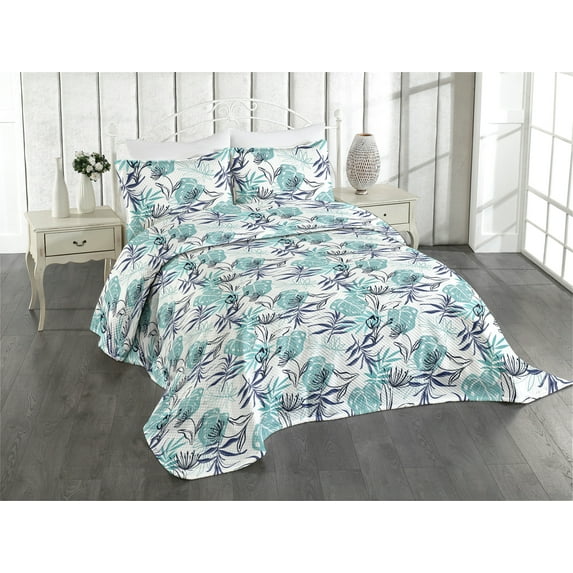 Ambesonne Tropical Vibes Quilted Coverlet 3 Pcs, Jungle Boho Palms, Queen Size, Seafoam White Dark Indigo