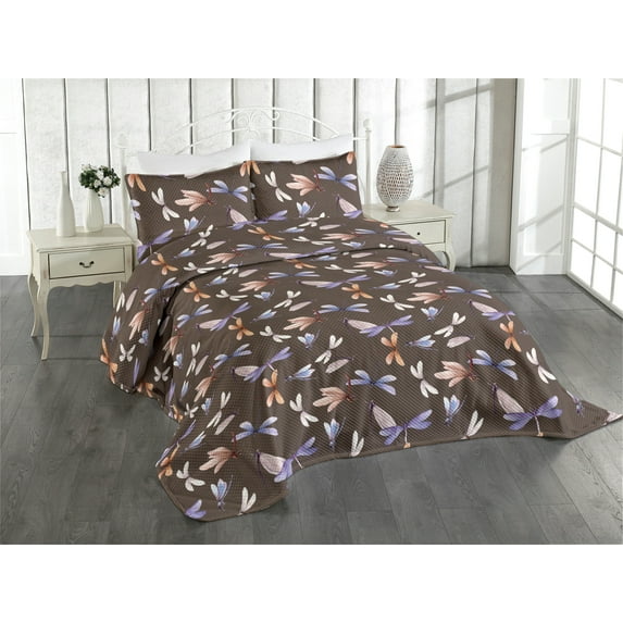 Ambesonne Tropical Vibes Quilted Coverlet 3 Pcs, Simple Dragonfly Art, Queen Size, Lavender Umber Pale Mauve