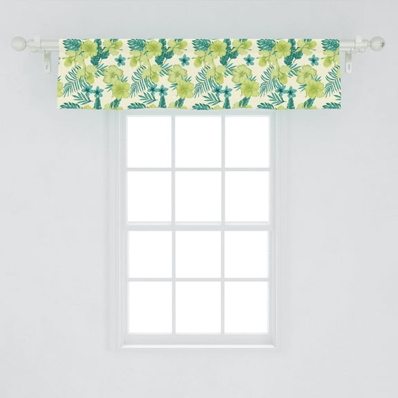 Ambesonne Tropical Window Valance, Exotic Flowers Hibiscus and Plumeria Banana Leaves Pattern, Curtain Valance for Kitchen Bedroom Decor with Rod Pocket, 54" X 12", Pale Green Dark Teal