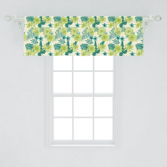 Ambesonne Tropical Window Valance, Exotic Flowers Hibiscus and Plumeria Banana Leaves Pattern, Curtain Valance for Kitchen Bedroom Decor with Rod Pocket, 54" X 18", Pale Green Dark Teal