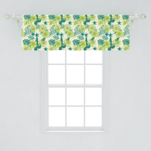Ambesonne Tropical Window Valance, Exotic Flowers Hibiscus and Plumeria Banana Leaves Pattern, Curtain Valance for Kitchen Bedroom Decor with Rod Pocket, 54" X 18", Pale Green Dark Teal