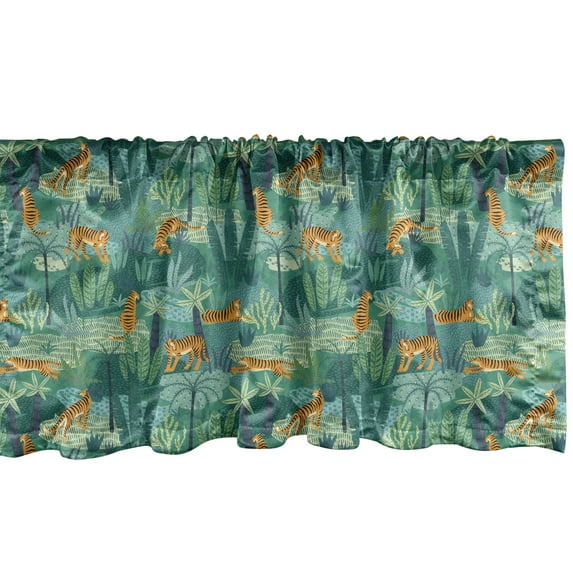 Ambesonne Tropical Window Valance, Exotic Leaves Tigers Art, 54" X 18", Dark Teal Orange Green