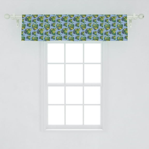 Ambesonne Tropical Window Valance, Hibiscus Flowers Monstera and Palm Banana Leaf Botanical, Curtain Valance for Kitchen Bedroom Decor with Rod Pocket, 54" X 12", Azure Blue Olive Green