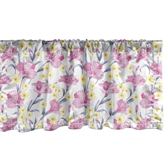Ambesonne Tropical Window Valance, Plumeria and Pink Hibiscus, 42" x 12", Blue Grey Pale Yellow