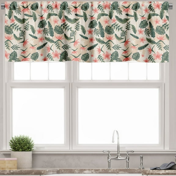Ambesonne Tropical Window Valance, Vintage Plumeria Leaves, 54" X 12", Beige Pale Olive Green
