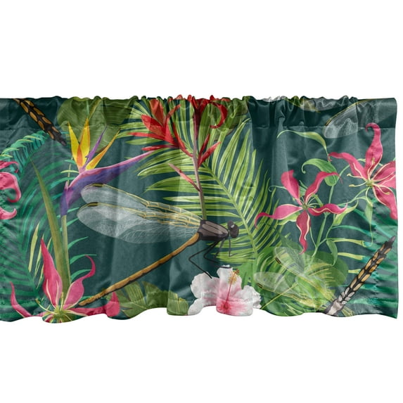 Ambesonne Tropical Window Valance with Rod Pocket, Dragonflies Flowers Flora, 54" x 12", Lime Green Dark Coral