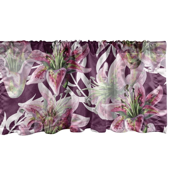 Ambesonne Tropical Window Valance with Rod Pocket, Exotic Leaves Lilies Plot, 54" x 12", Dried Rose and Lime Green