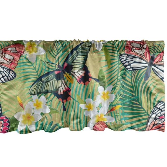 Ambesonne Tropical Window Valance with Rod Pocket, Palm Leaf Butterfly Flora, 54" x 12", Reseda Green Earth Yellow