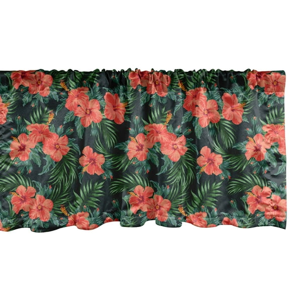 Ambesonne Tropicana Window Valance, Exotic Hibiscus Flowers with Tropic Leaves Hawaiian Luau Party Inspired Pattern, Curtain Valance for Kitchen Bedroom Decor with Rod Pocket, 54" X 12", Multicolor