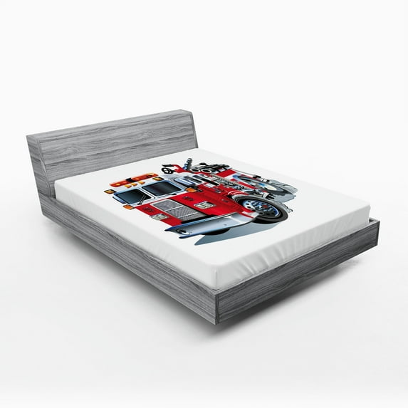 Ambesonne Truck Fitted Sheet 2 Pcs Set, Brigade Vehicle Illustration, Full, Grey Red