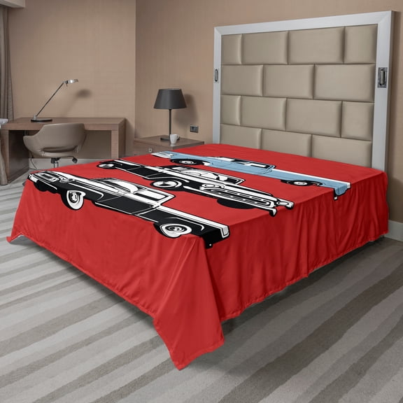 Ambesonne Truck Flat Sheet, Inner City Transportation, Queen Size, Ruby Blue White