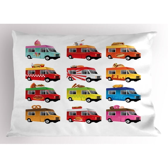 Ambesonne Truck Pillow Sham, Colorful Food Trucks, 26" X 20", Multicolor