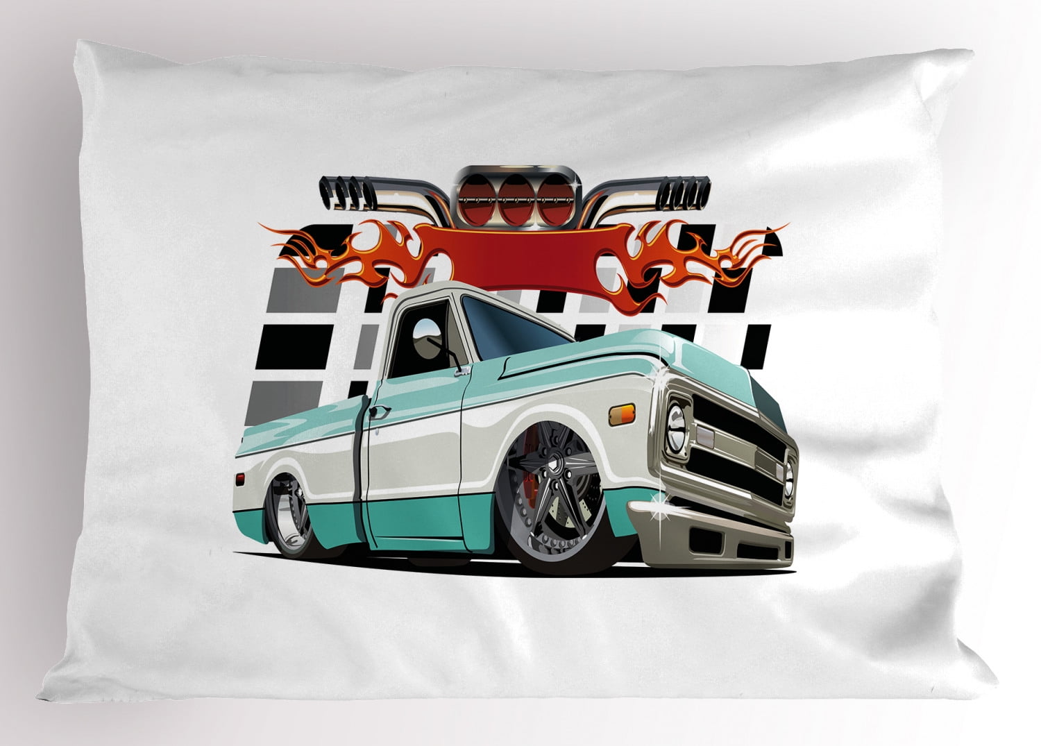 King Size Multicolor Truck Print Polyester Pillow Sham