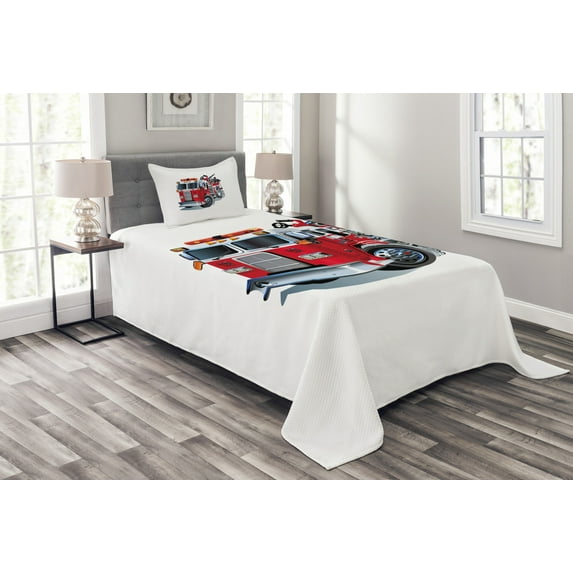 Ambesonne Truck Quilted Bedspread Set 2 Pcs, Brigade Vehicle Illustration, Twin Size, Grey Red