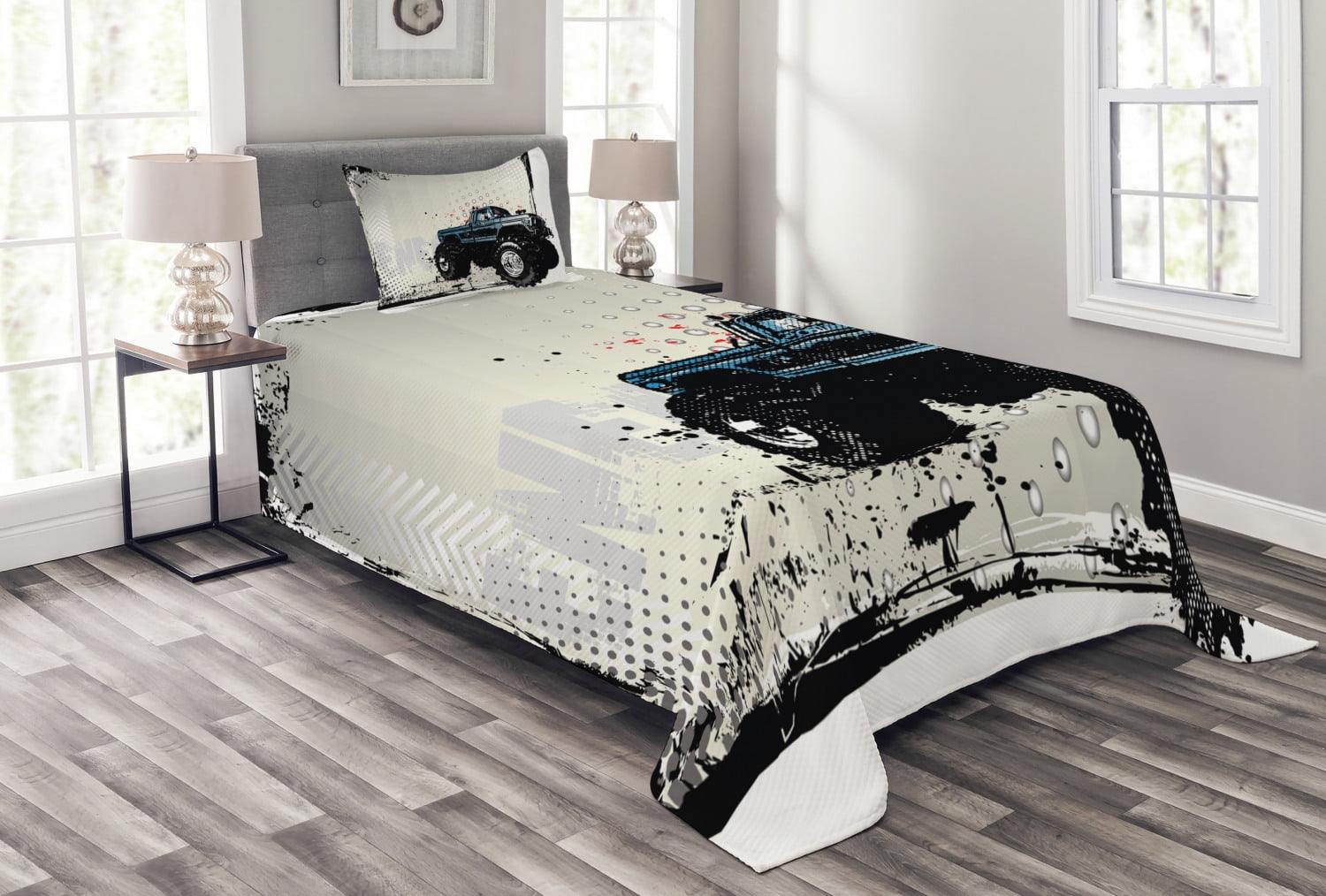 White Twin Quilted Bedspread Set with Monster Truck Design