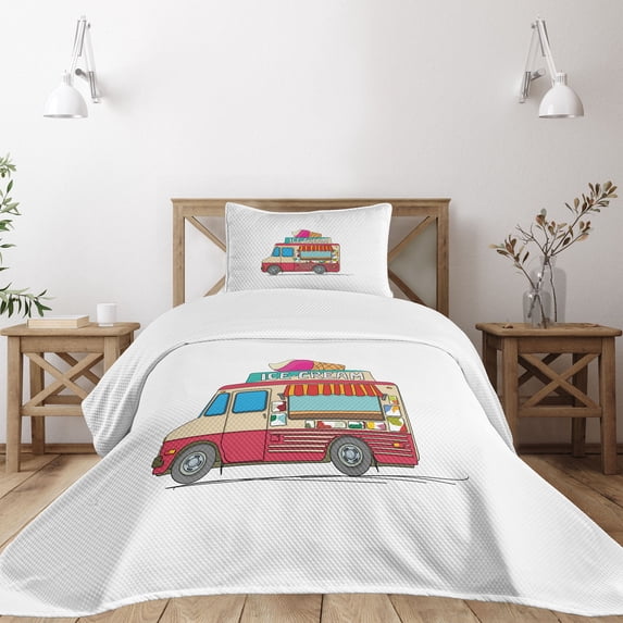 Ambesonne Truck Quilted Bedspread Set 2 Pcs, Ice Cream Cartoon Style, Twin Size, Multicolor