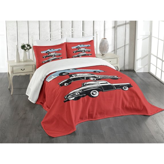 Ambesonne Truck Quilted Bedspread Set 2 Pcs, Inner City Transportation, Twin Size, Ruby Blue White