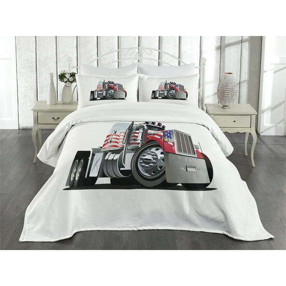 Ambesonne Truck Quilted Bedspread Set 3 Pcs, American Flag Motif Hood, King Size, Red White Blue