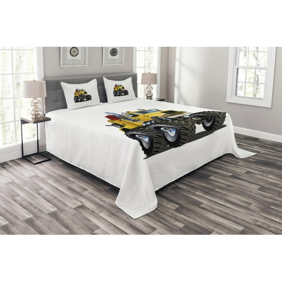 Ambesonne Truck Quilted Bedspread Set 3 Pcs, Giant Wheeled Monster Car, King Size, Burgundy Yellow Black