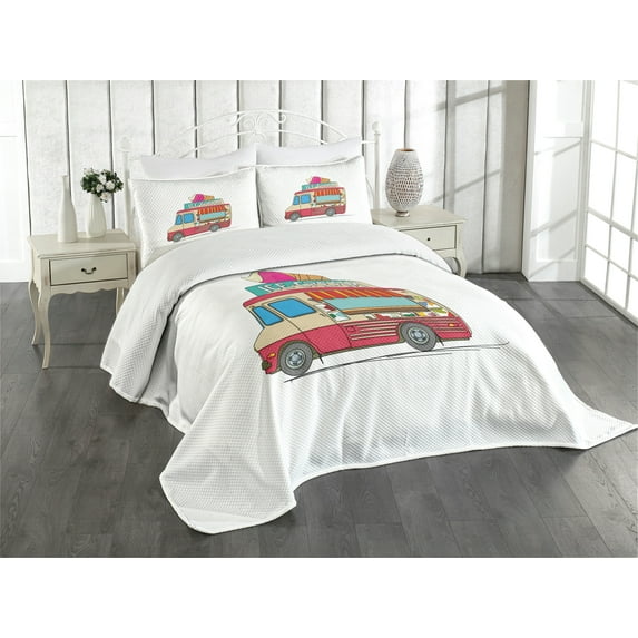 Ambesonne Truck Quilted Bedspread Set 3 Pcs, Ice Cream Cartoon Style, King Size, Multicolor