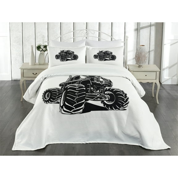 Ambesonne Truck Quilted Bedspread Set 3 Pcs, Modified Monster Pickup, Queen Size, Black White