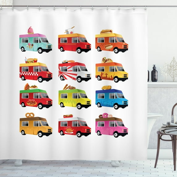 Ambesonne Truck Shower Curtain, Colorful Food Trucks, 69"Wx75"L, Multicolor