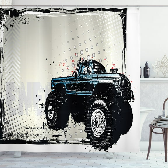 Ambesonne Truck Shower Curtain, Halftone Monster Pickup, 69"Wx70"L, Ivory Blue Black